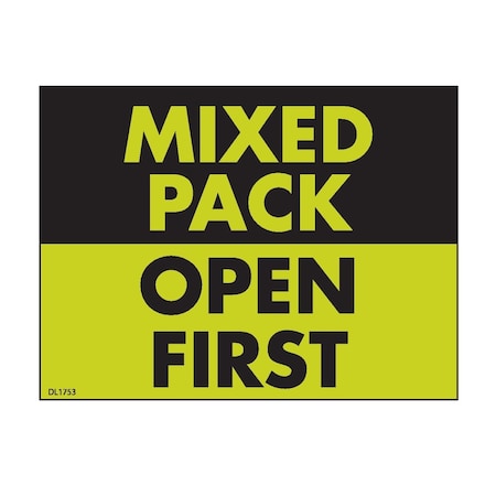 Decker Tape Products Label, DL1753, MIXED PACK OPEN FIRST, 3" X 4" DL1753